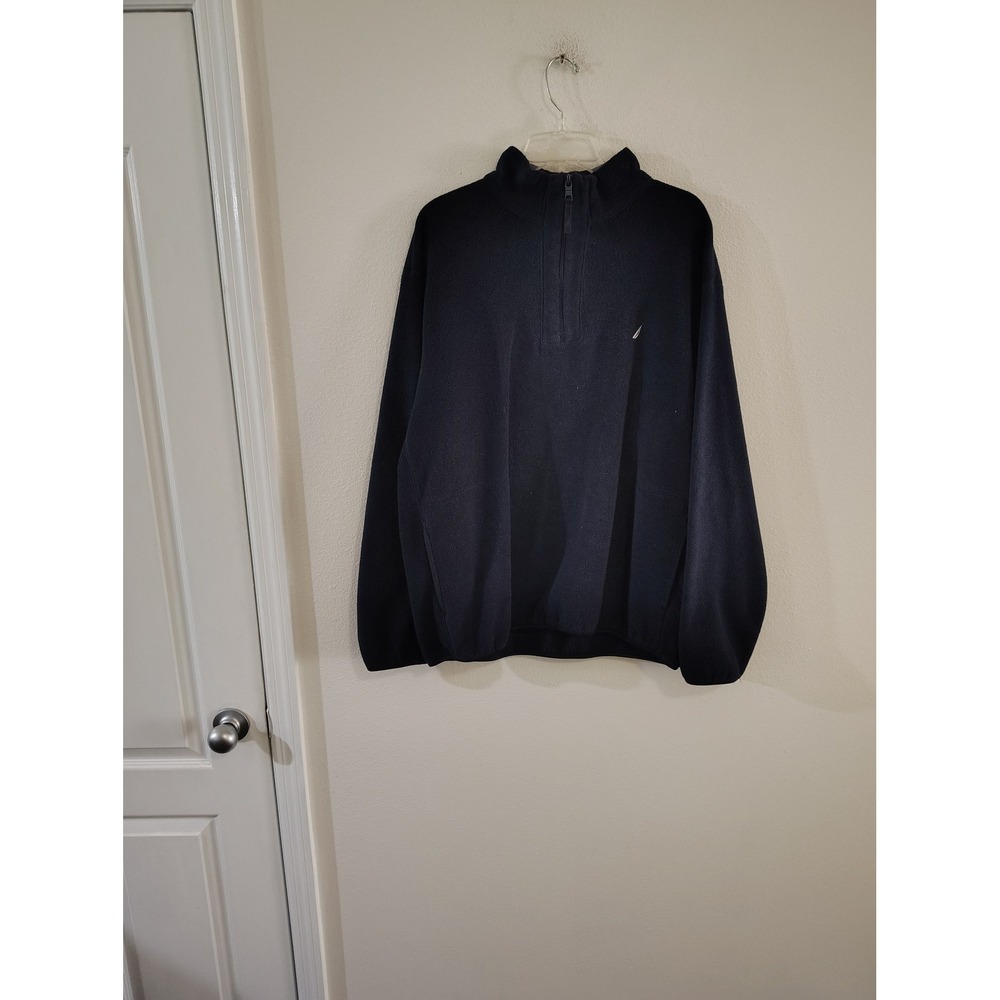 Nautica Mens XL Navy Blue Fleece Quarter Zip Pullover Mock Neck Sweater Logo